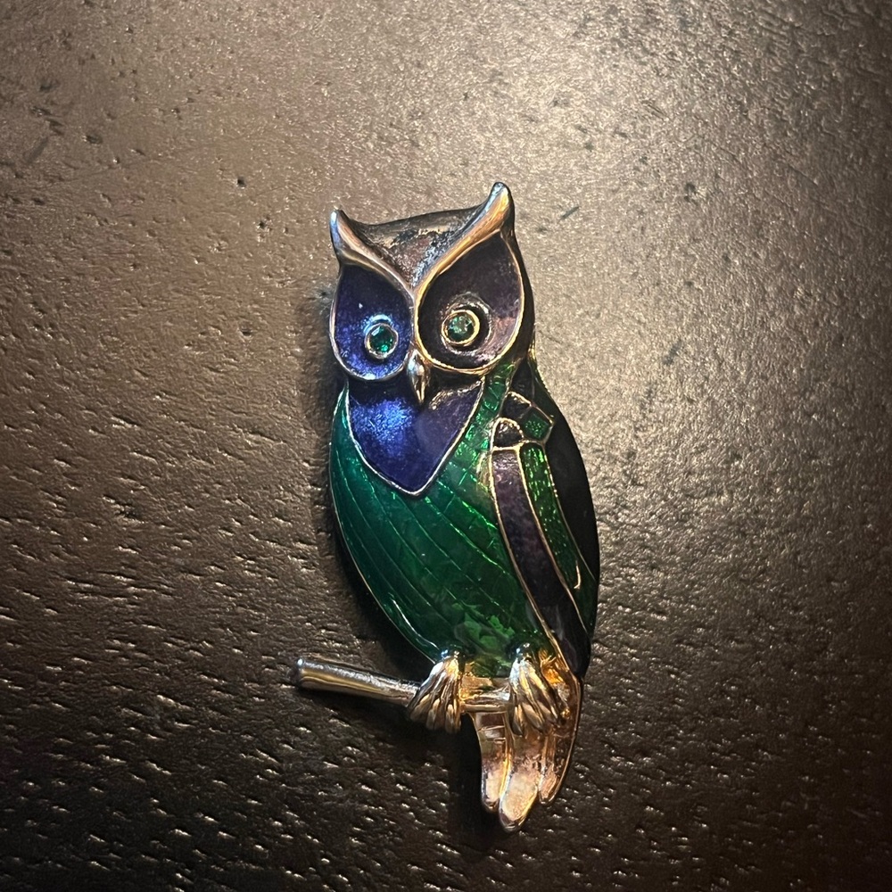 Vintage Green and Blue Enamel Owl Brooch
